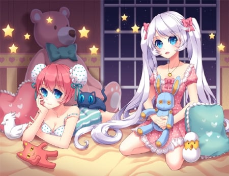 Girls Night - girls, bed, toys, night, long hair, orginal, 2girls, pajamas, bedroom, cute