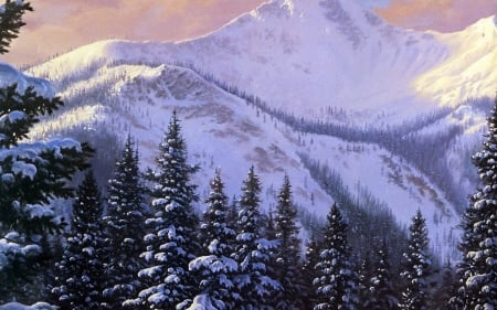 Winter painting - winter, tree, painting, mountain, art