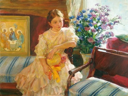 Girl Painting in a Drawing Room - girl, a, room, drawing, in