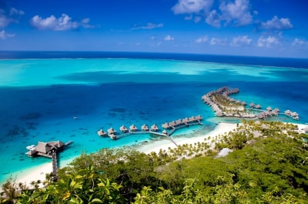 Hilton Nui Resort Bora Bora - beach, pacific, paradise, water, bungalows, polynesia, bora bora, atoll, lagoon, hilton, south, resort, sand, stilts, ocean, islands, tropical, huts, exotic, blue, villas, island, nui, sea, retreat, tahiti