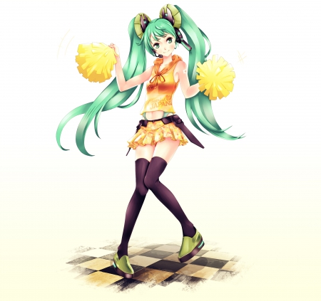 Hatsune Miku - miku, hatsune, cute, plain, vocaloids, hot, anime girl, girl, cheer, cheer leader, green hair, pom pom, simple, vocaloid, anime, hd, twintails, long hair, sexy, female, hatsune miku