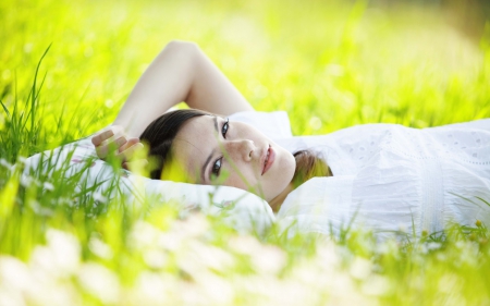 brunette - cute, girl, grass, lying