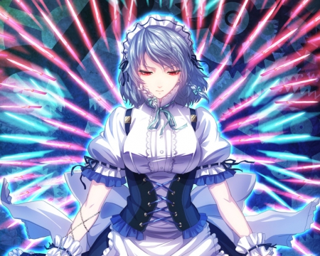 Izayoi Sakuya - female, hot, anime girl, knife, angry, blade, red eyes, touhou, sinister, anime, sword, cute, short hair, sexy, girl, light, braids, purple hair, glow, izayoi sakuya, weapon, maid