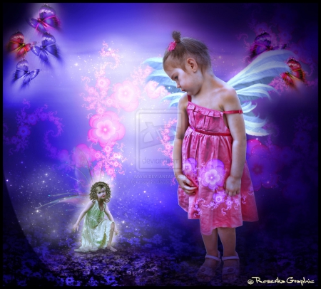 âœ«Little Flower Fractalsâœ« - girls, photomanipulation, female, people, animals, emotional, wings, colorful, fantasy, softness, fractals, pretty, digital art, fairies, butterflies, love, attractions in dreams, adorable, tender touch, child, lovely, bright, beautiful, beloved valentines, flowers