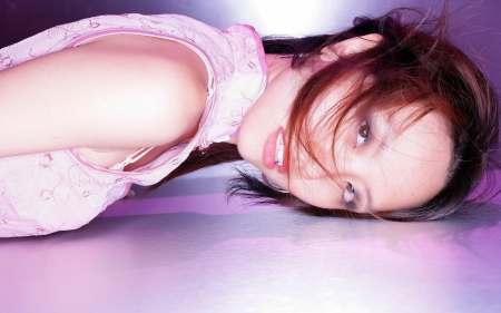 brunette - smile, lying, floor, look