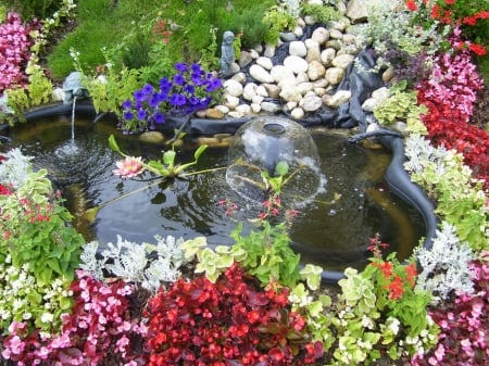 Garden Waterfall - red, water, flowers, waterfall, photo, colours, statues, green