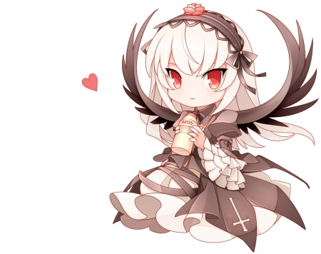 Suigintou - rozen maiden, anime, anime girl, female, wing, kawaii, girl, simple, red eyes, white, suigintou, plain, hd, chibi, cute, adorable