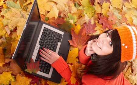 girl laptop - saw, smile, laptop, leaves