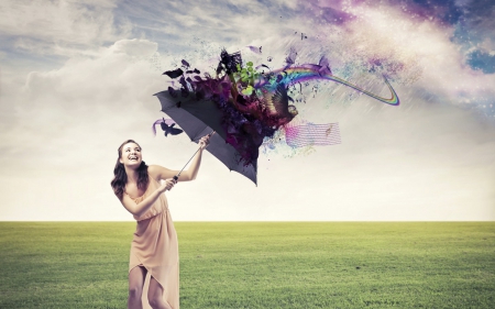 girl umbrella - field, girl, color, umbrella