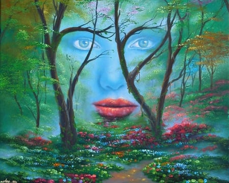 Face In The Woods - flowers, abstract, lips, trees, fantasy, eyes, face