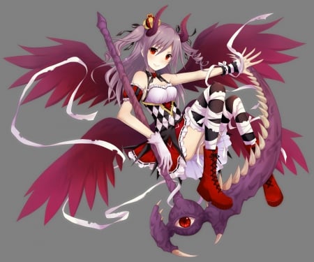 4 Wings Angel - female, angel, hot, wings, anime girl, simple, red eyes, anime, cute, sexy, girl, warrior, long hair, purple hair, hd, horn, wing, plain, weapon