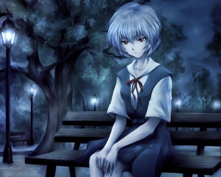 Ayanami Rei - hot, anime girl, drak, sinister, lamp, genesis, sexy, gloomy, light, school uniform, evangelion, neon, rei, uniform, female, eerie, ayanami rei, bench, evil, rei ayanami, gloom, ayanami, neon genesis evangelion, anime, eon genesis evangelion, cute, short hair, girl, sad, night, eva, hd, blue hair