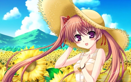 SunFlower - pretty, anime, kawaii, female, dress, long hair, mountain, happy, sunflower, hd, field, nice, sky, brown eyes, hill, hat, anime girl, girl, sundress, lovely, cap, brown hair, sweet, flower, cloud, cute, floral