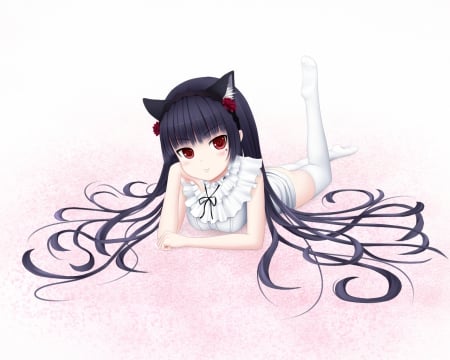 Neko Chan - anime, female, ears, nekomimi, lying, long hair, plain, hd, neko, anime girl, hot, girl, simple, red eyes, neko mimi, black hair, cute, sexy