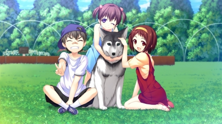 Man's Best Friend - pretty, anime, female, team, dog, guy, grass, children, child, happy, boy, male, group, animal, hd, chibi, field, nice, anime girl, kid, beautiful, girl, beauty, lovely, friend, sweet, cute, adorable