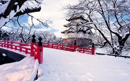 Snowy Road - red, japan, winter, road, castle, nature, snow