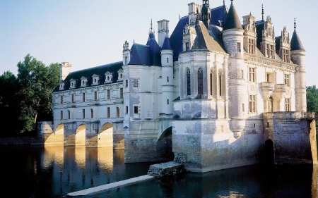 Castle - lake, water, white, view, france, castle, blue, medieval, bridge