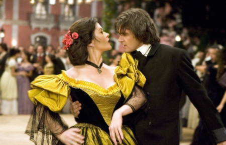 The Legend of Zorro (2005) - yellow, antonio banderas, people, dress, man, the legend of zorro, red, elena de la vega, movie, catherine zeta jones, actor, girl, alejandro, love, flower, actress, black, woman, dance, couple