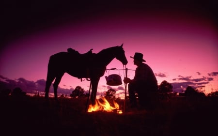 The Wild West - purple, fire, landscape, man, horse