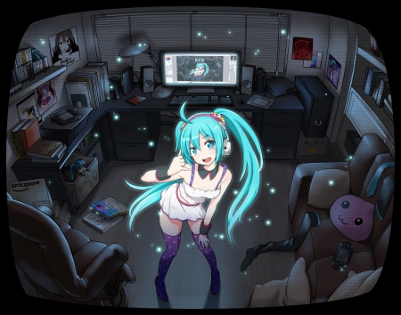 call me - hatsune, vocaloid, anime, room, miku