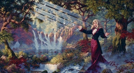 Lighting The Way - woman, trees, river, light, flowers, waterfall, fantasy, birds