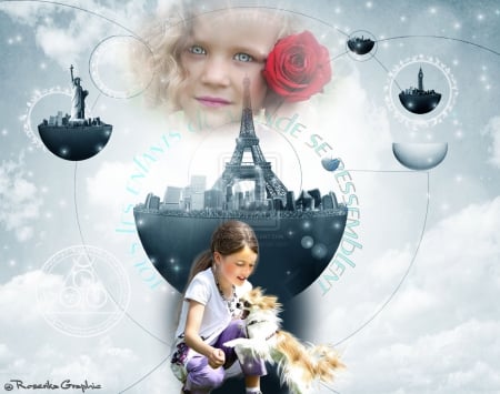 ✫The World of Children✫ - pretty, countries, Paris, people, attractions in dreams, female, planet, dog, children, photomanipulation, emotional, child, flowers, beautiful girls, beloved valentines, cities, most downloaded, sky, clouds, French, starlight, backgrounds, digital art, models, lovely, love, girls, fantasy, world, bright, rose, adorable