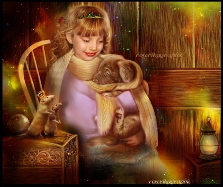 ✫Tender Mercy✫ - pretty, people, attractions in dreams, rats, female, crown, dog, mouse, lamp, photomanipulation, child, beautiful girls, beloved valentines, tenderness, beautiful, digital art, mercy, models, lovely, love, lantern, chair, girls, glow, fantasy, scarf, bright, adorable, animals, softness