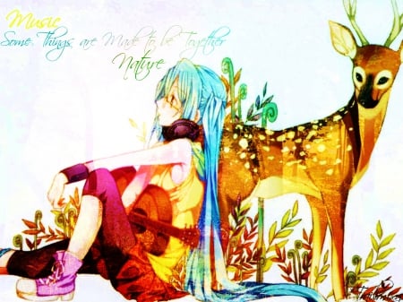 ~Music & Nature~ - nature, hatsune miku, pretty, vocaloid, colorful, anime, deer