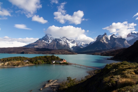 Towers of the Paine - patagonia, clouds, water, snow, island, turquoise, Chile, ocean