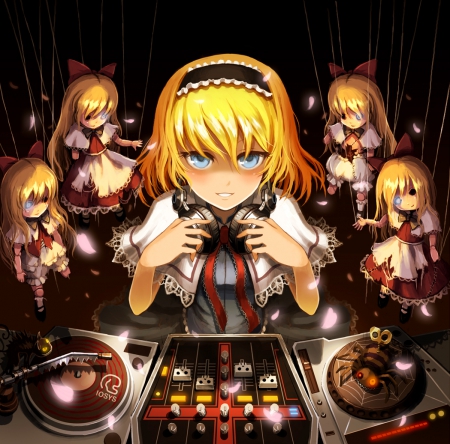 Evil DJ - anime, female, dj, blonde, blond hair, gloomy, dark, scary, short hair, gloom, headphones, touhou, Alice Margatroid, blond, horror, Shanghai, puppet, scare, creepy, anime girl, hot, blonde hair, darkness, sinister, cute, sexy