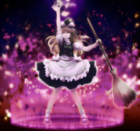 Witch Magic - touhou, magical, glow, kirisame marisa, dark, anime, anime girl, girl, broom, dress, witch, long hair, fantasy, magic, light, female