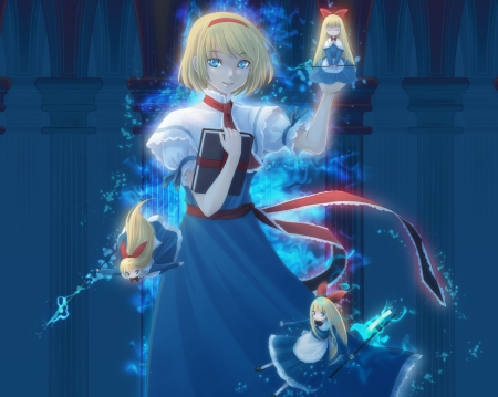 Lil' Helper - anime, female, blue, book, dress, blonde, blond hair, short hair, touhou, blond, ribbon, hd, chibi, creepy, alice margatroid, anime girl, hot, blonde hair, glow, cute, sexy, shanghai