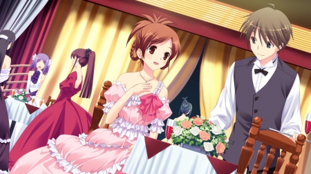 Party Time - nice, lover, female, hot, anime girl, elegant, gorgeous, pretty, table, anime, party, cute, love, sexy, girl, couple, gown, lovely, hd, chair, sweet, dress