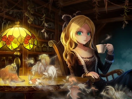 Passing - anime, female, dress, blonde, lamp, blond hair, green eyes, light, long hair, dark, monster, blond, horror, hd, creepy, anime girl, girl, blonde hair, darkness, creature, sinister