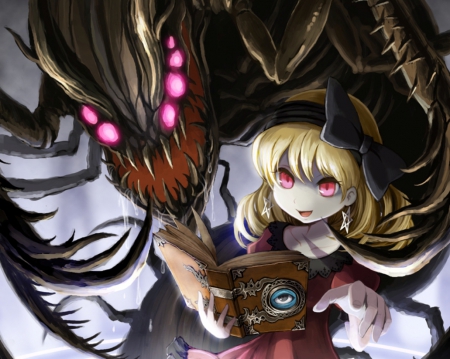 Book of Monster - scary, female, creepy, hot, blond, darkness, anime girl, red eyes, blond hair, blonde hair, sinister, dark, anime, horror, cute, sexy, girl, monster, long hair, scare, creature, blonde