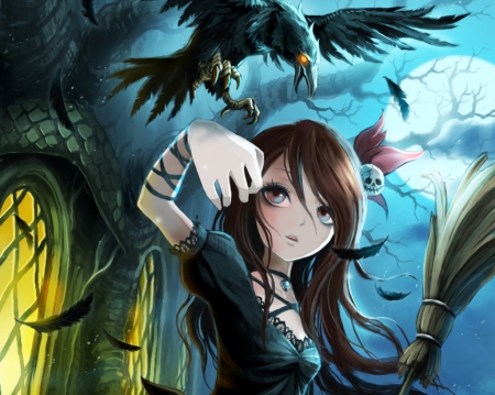 Lil' Witch - bird, anime, female, warrior, wing, crown, night, gloomy, dark, moon, anime girl, broom, hot, girl, feather, witch, sinister, wings, cute, sexy