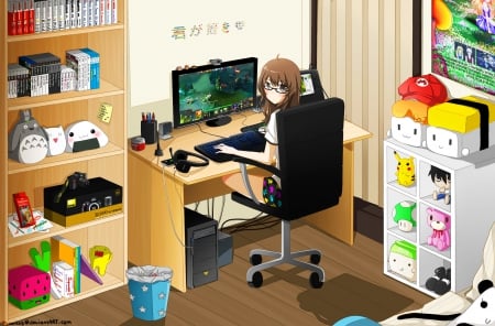 Playing Game - anime, shelf, female, room, home, headphones, hd, sunglasses, house, anime girl, hot, girl, table, brown hair, pc, chair, glasses, desk, computer, cute, sexy