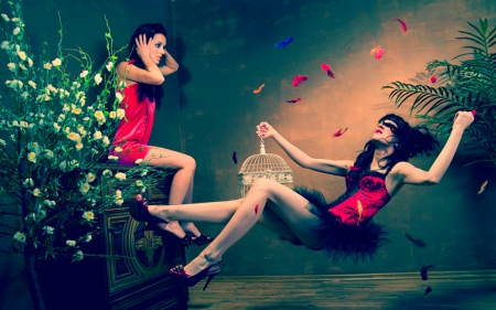 Falling - woman, red dress, falling, bird cage, flowers