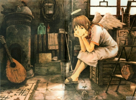 God'$ massenger - sitting, angel, boy, wings, plant, anime