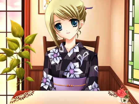 Kimono - cute, blond hair, blonde, hot, anime, yukata, anime girl, girl, long hair, blond, blonde hair, table, sexy, female, kimono