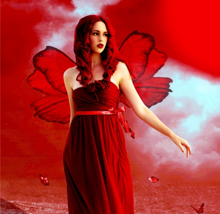 ~Red Butterfly ain Dreams~ - women, photomanipulation, girls, dreams, redhead, models, female, angel, animals, hair, wings, fantasy, pretty, digital art, cute, butterflies, lovely, red, beautiful, dress