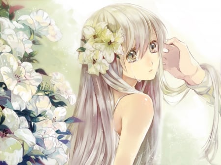 Tears - wedding, tears, girl, sad, bride, crying, white, lilly, yellow, hand, beautiful, anime, green, flower, blonde