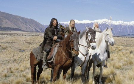 Aragorn, Legolas and Gandalf the Grey - sky, aragorn, movie, ian mckellen, the lord of the rings, fantasy, white, gandalf, brown, orlando bloom, man, elf, hors, the fellowship of the ring, legolas, blue, creature, wizard, animal, actor, viggo mortensen