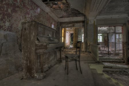 decay - hall, decay, song, play, piano, abandoned