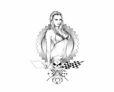 Piston Head - dice, blonde, black and white, flag, piston, chequered flag, woman