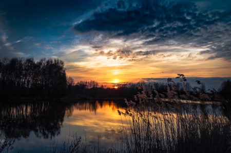 Sunset - lake, sky, trees, landscape, sun, water, sunset, nature, reflection, clouds, splendor