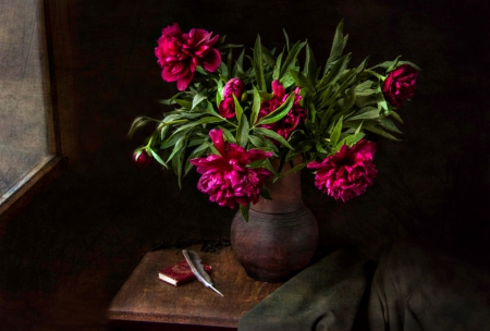 Still Life - peonies, nature, feather, peony, flowers, still life, vase