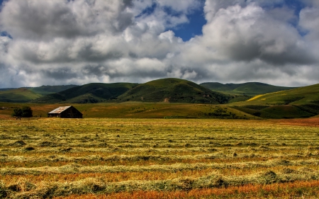 beautiful hay fields - hay, clouds, hills, fields, cabin