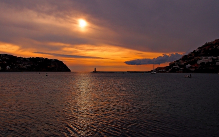 wonderful sunset over the bay - lighthouse, clouds, sunset, bay, coast