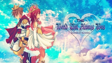 The World That Always Was - crowns, sky, sora, kingdom hearts, video game, colorful, king, fantasy, queen, kairi, square enix, clouds, fireworks